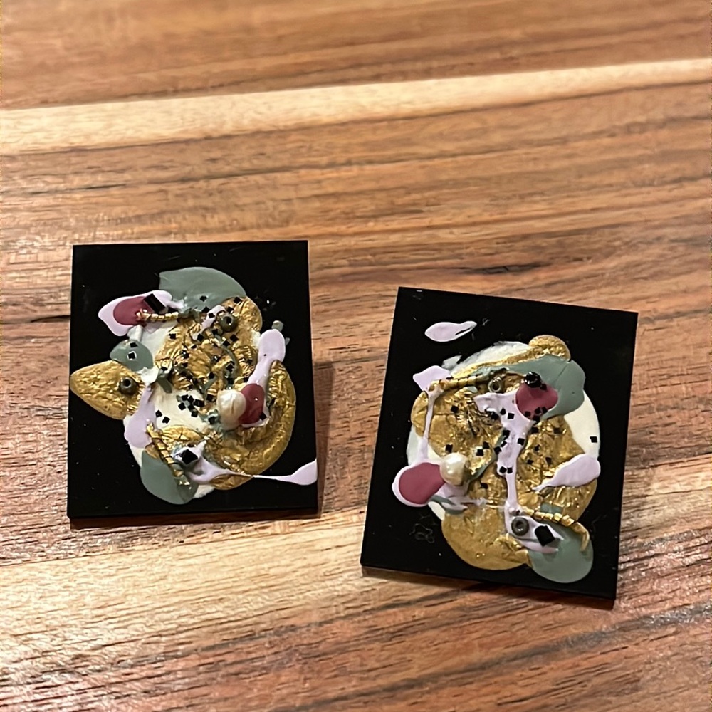 Vintage Unique Black Abstract Gold & Shimmery Rectangle Stud Earrings